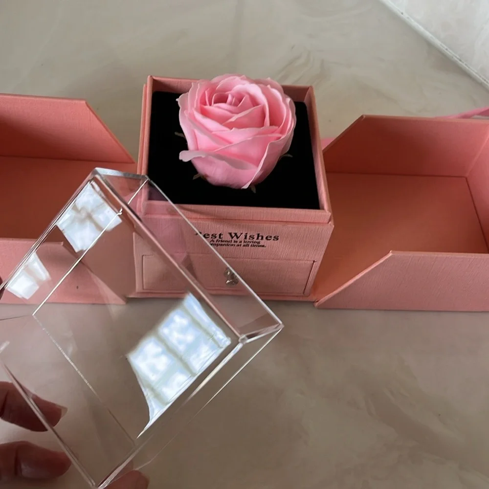 Pink Jewelry Gift Box with Ribbon and Pink Faux Rose inside
